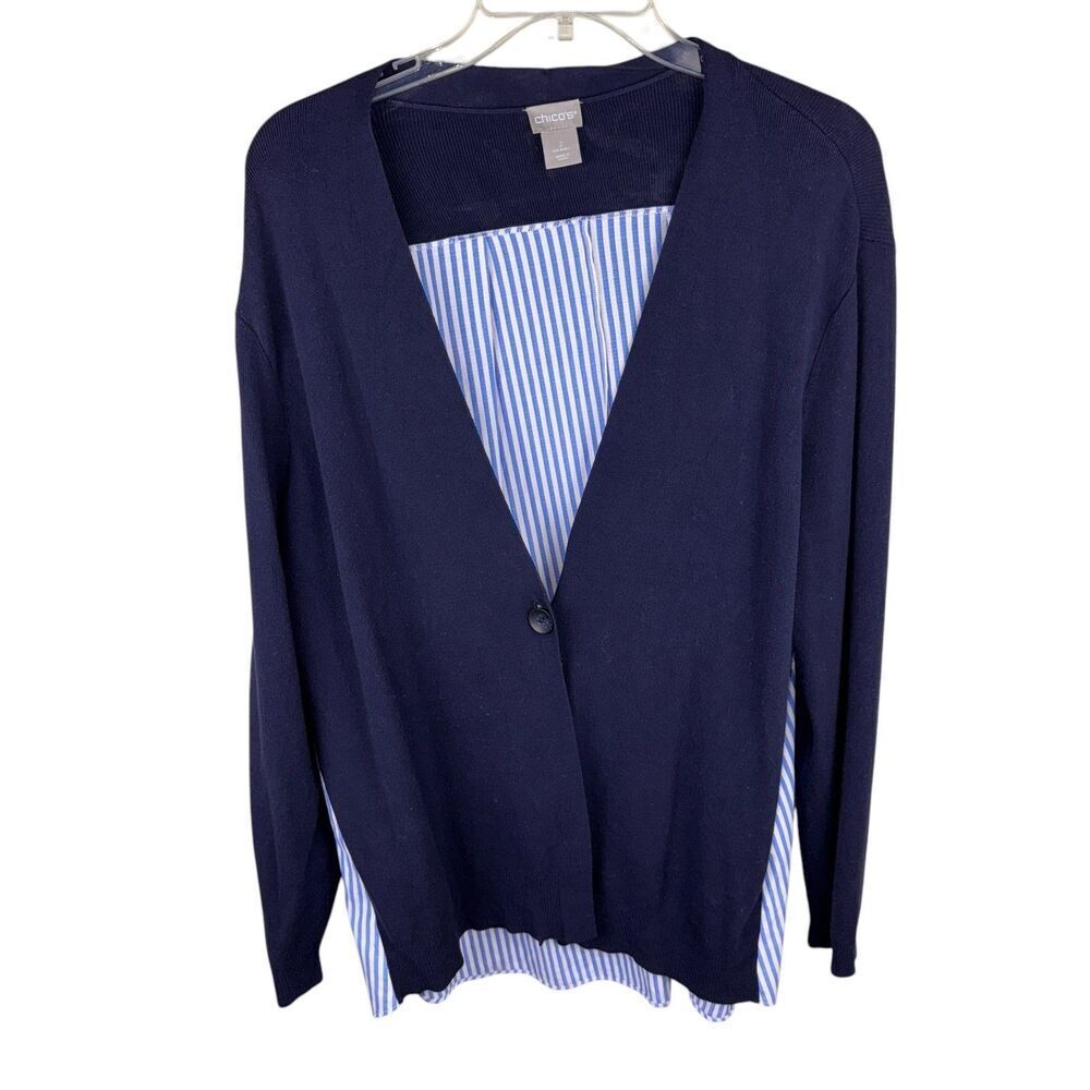 Chico's Blue &‎ White Striped Knit One Button Cardigan Sweater Size 2 Large
